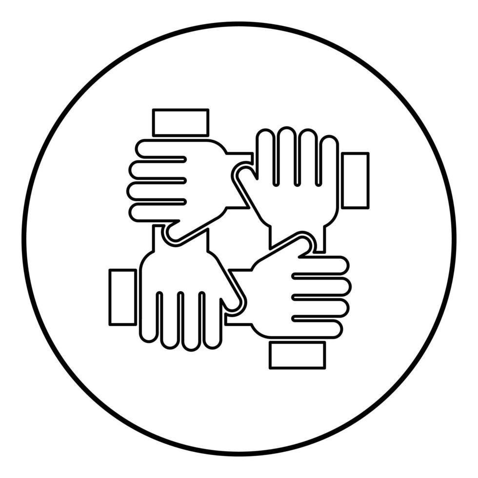 quattro mani che tengono insieme il concetto di lavoro di squadra icona colore nero in cerchio rotondo vettore