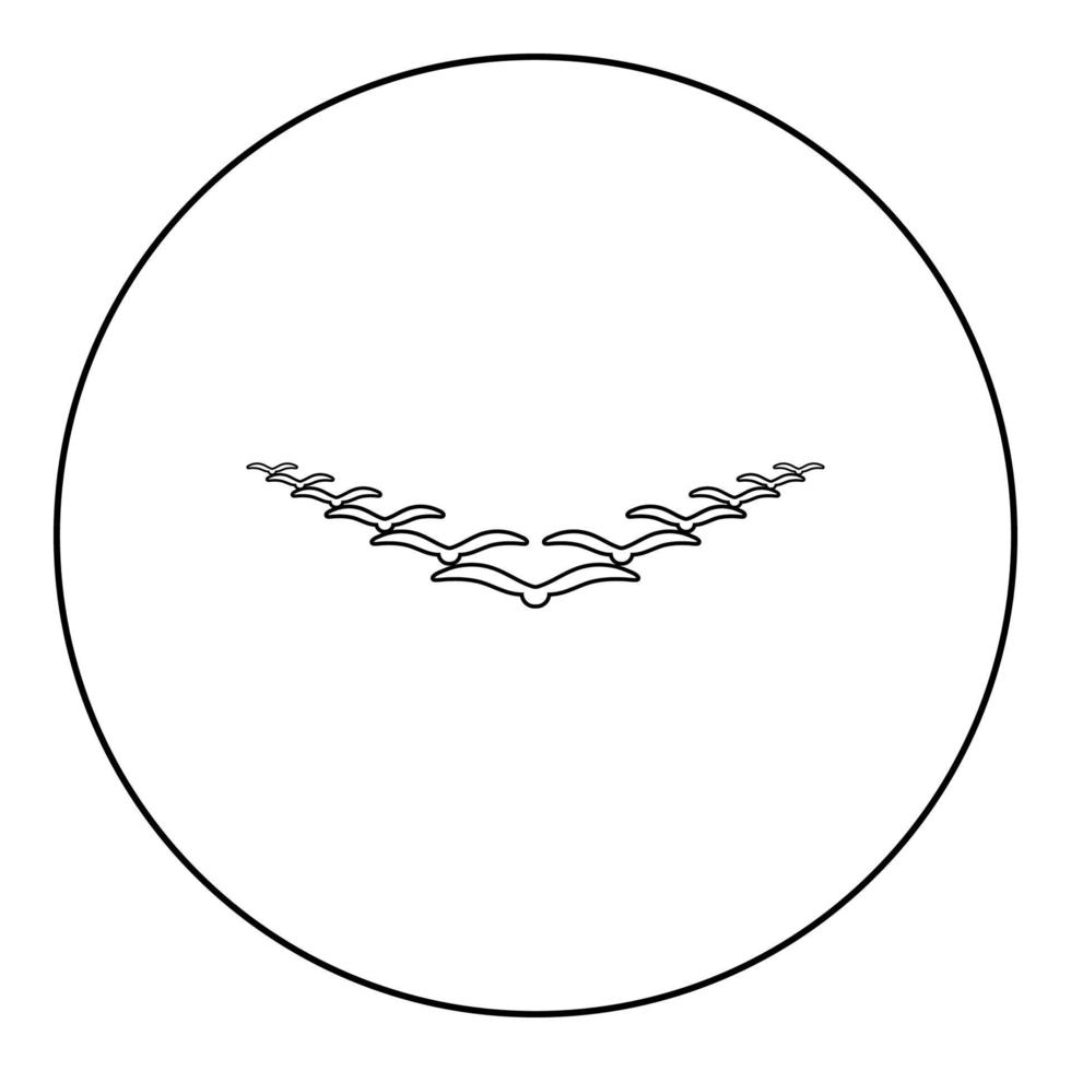 stormo di uccelli che volano nel cielo in cuneo chiave concetto di leadership migrazione silhouette icona in cerchio rotondo colore nero illustrazione vettoriale immagine contorno linea di contorno stile sottile