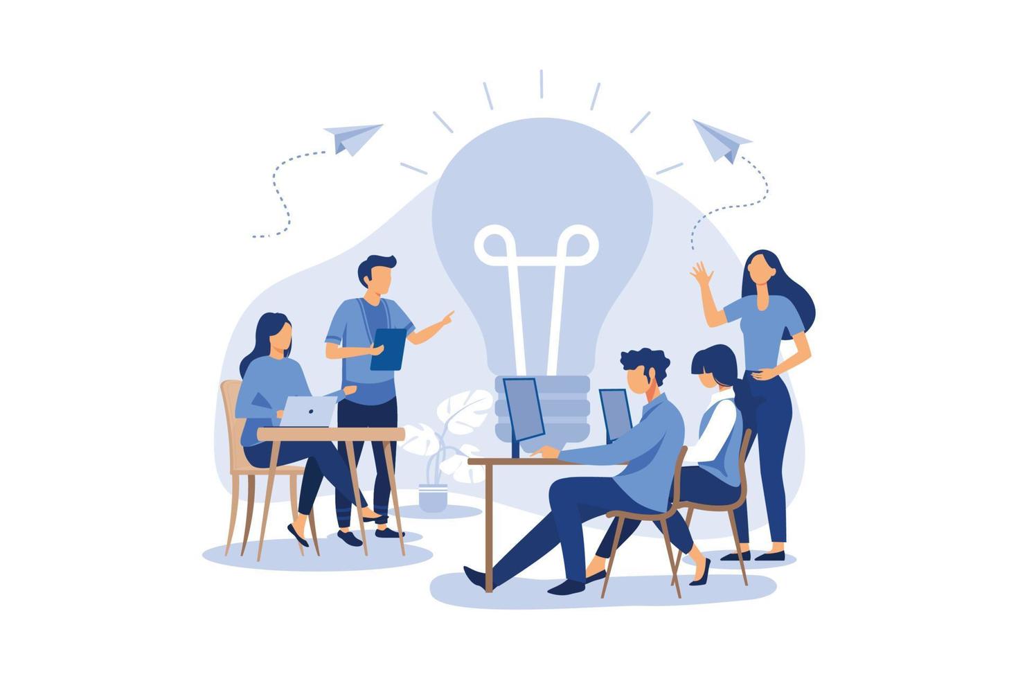 assistente online al lavoro. promozione in rete. manager al lavoro a distanza, alla ricerca di nuove idee soluzioni, lavorando insieme in azienda, brainstorming illustrazione vettoriale piatto design moderno