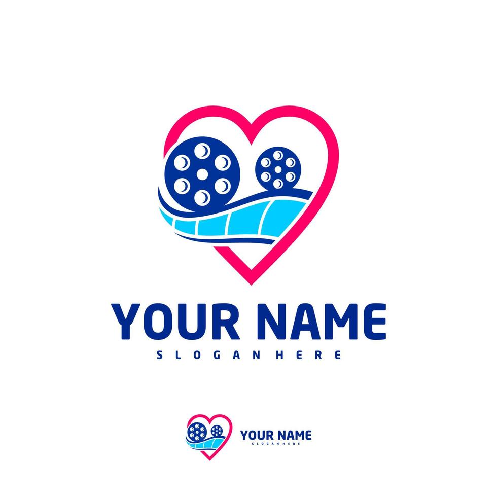 modello vettoriale del logo dell'amore del cinema, concetti di design del logo del cinema della striscia di pellicola creativa