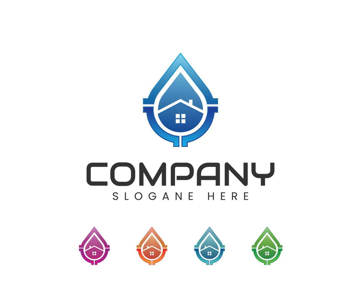 design del logo della casa e dell'impianto idraulico a goccia d'acqua vettore