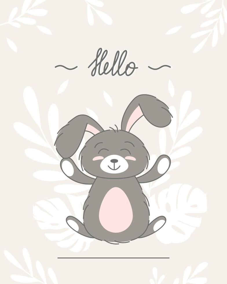 concetto di coniglietto, bambino e bambini carino. buona pasqua conigli diverse pose personaggi dei cartoni animati. carta con simpatico coniglietto. coniglietto con foglie floreali. design per bambino, poster per bambini, biglietto, invitaton. vettore