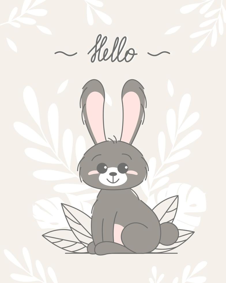 concetto di coniglietto, bambino e bambini carino. buona pasqua conigli diverse pose personaggi dei cartoni animati. carta con simpatico coniglietto. coniglietto con foglie floreali. design per bambino, poster per bambini, biglietto, invitaton. vettore