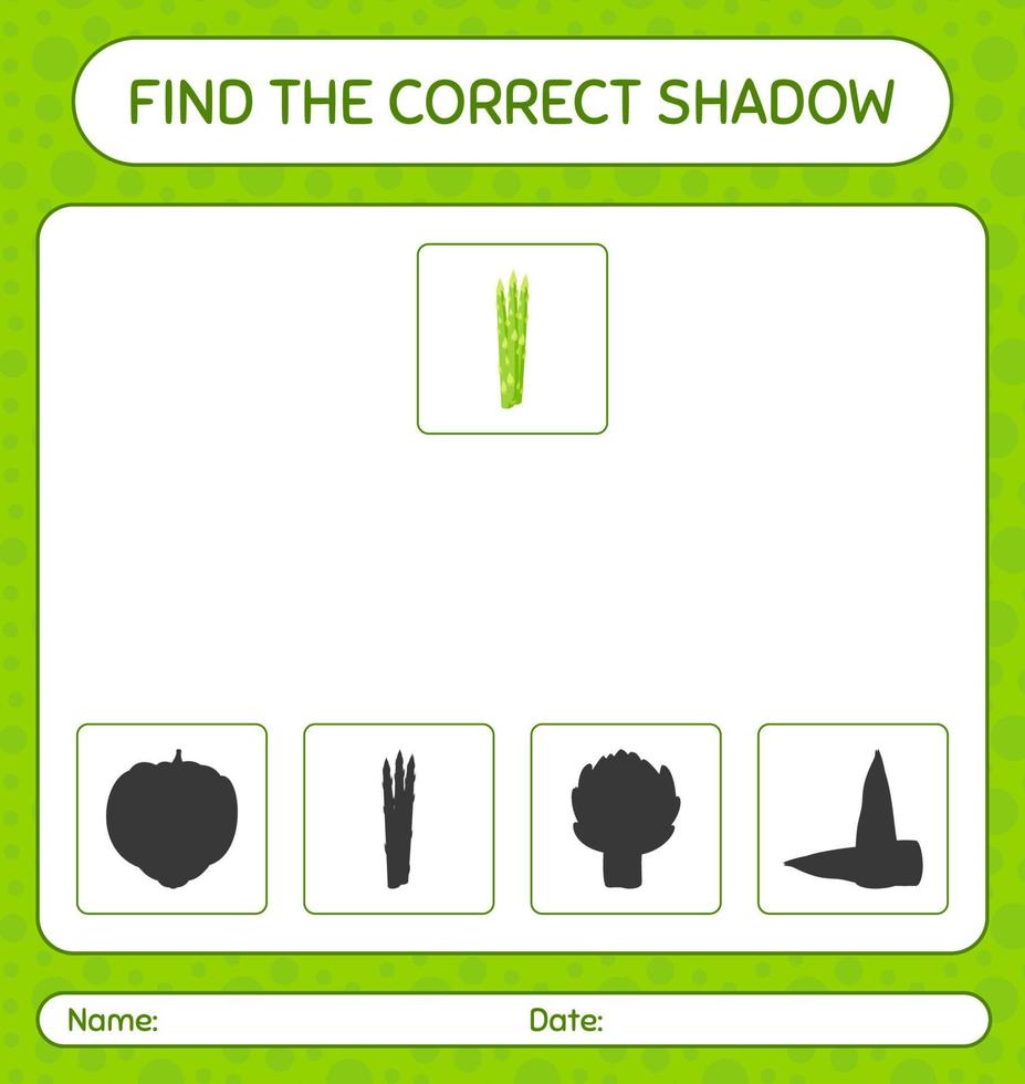 trova il gioco delle ombre corretto con gli asparagi. foglio di lavoro per bambini in età prescolare, foglio attività per bambini vettore