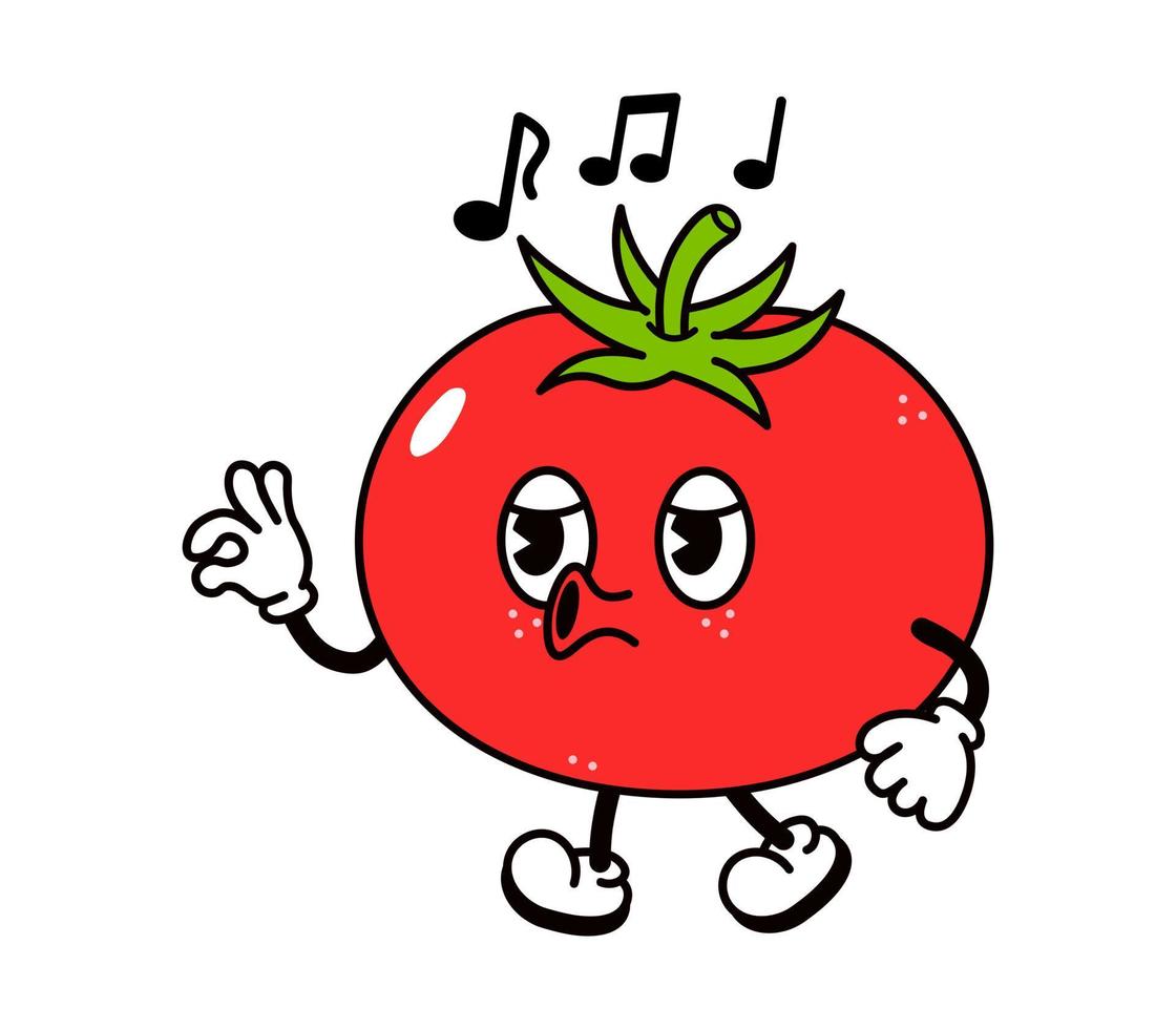 simpatico personaggio divertente che canta a piedi il pomodoro. vettore disegnato a mano tradizionale cartone animato vintage, retrò, kawaii personaggio illustrazione icona