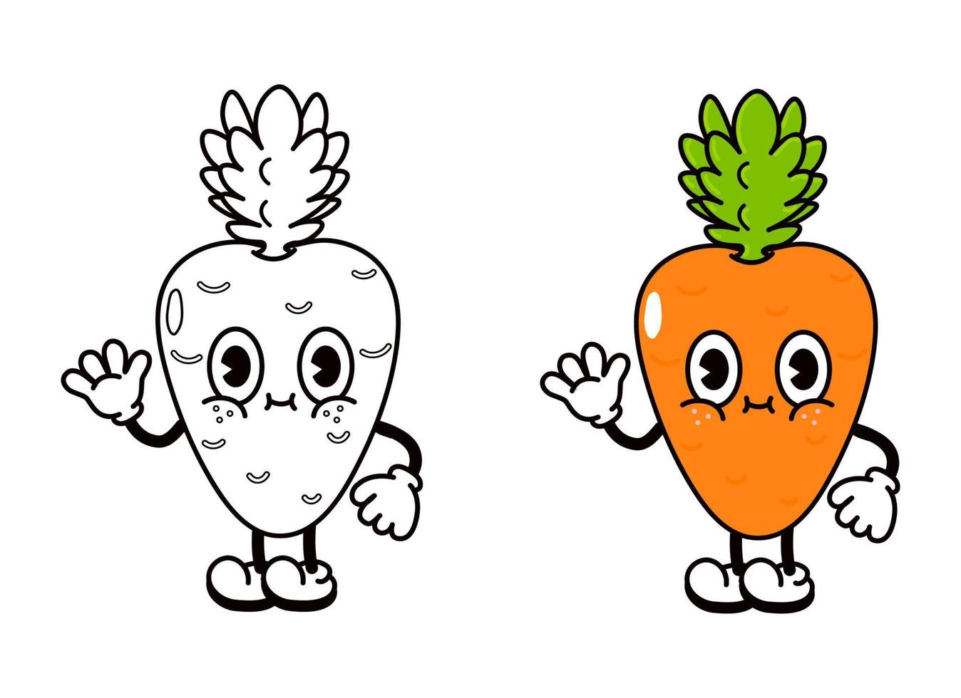 carino divertente carota sventolando mano personaggio contorno fumetto illustrazione per libro da colorare. vettore disegnato a mano carota tradizionale cartone animato vintage, retrò, kawaii carattere. isolato su sfondo bianco