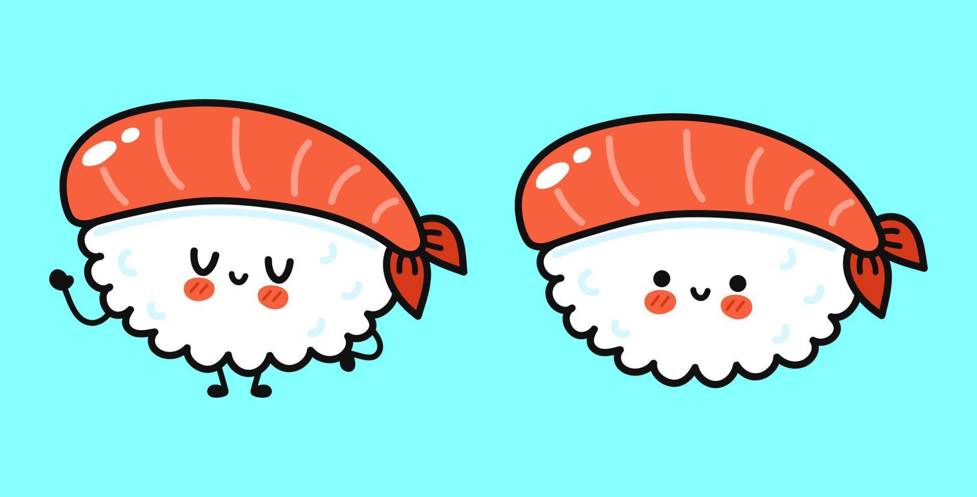 set di pacchetti di personaggi di sushi felici e carini divertenti. icona dell'illustrazione del carattere kawaii del fumetto disegnato a mano di vettore. isolato su sfondo bianco. simpatica collezione di personaggi mascotte sushi vettore