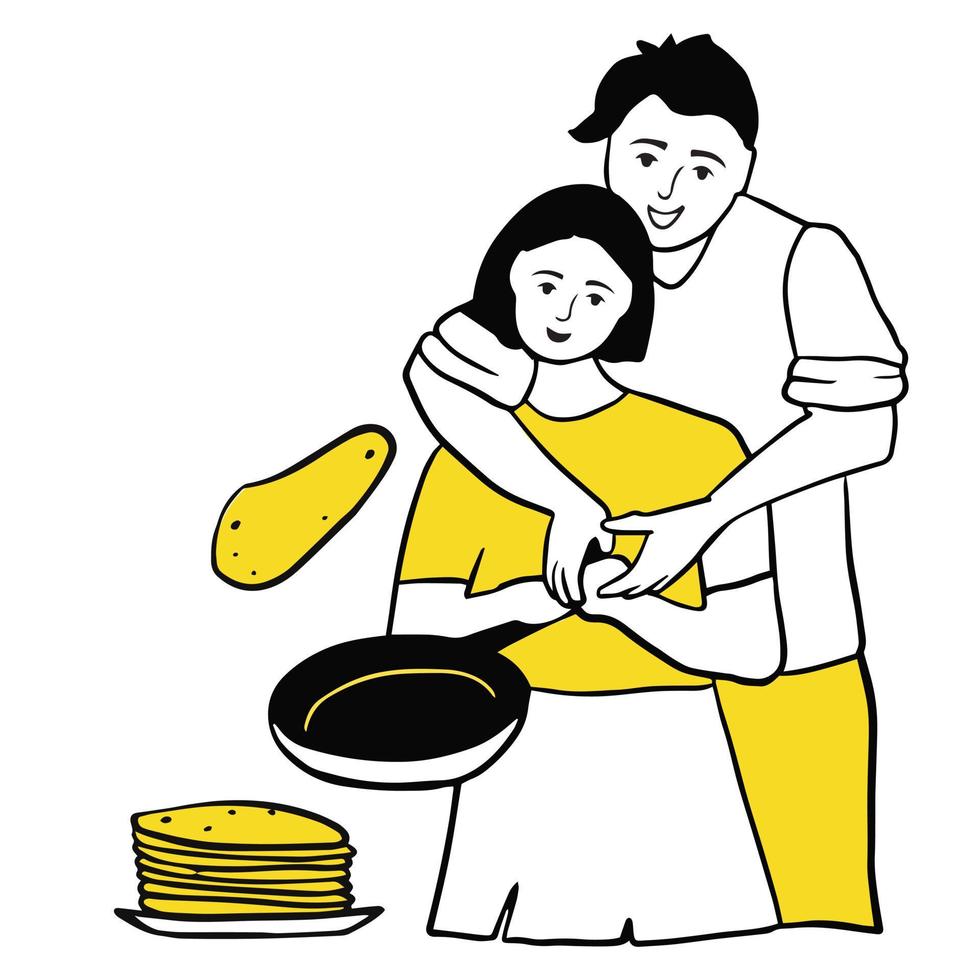 giovane coppia che cucina insieme in cucina. l'uomo e la donna cuociono blinis e frittelle. amore e relazioni, lavorare insieme in casa vettore