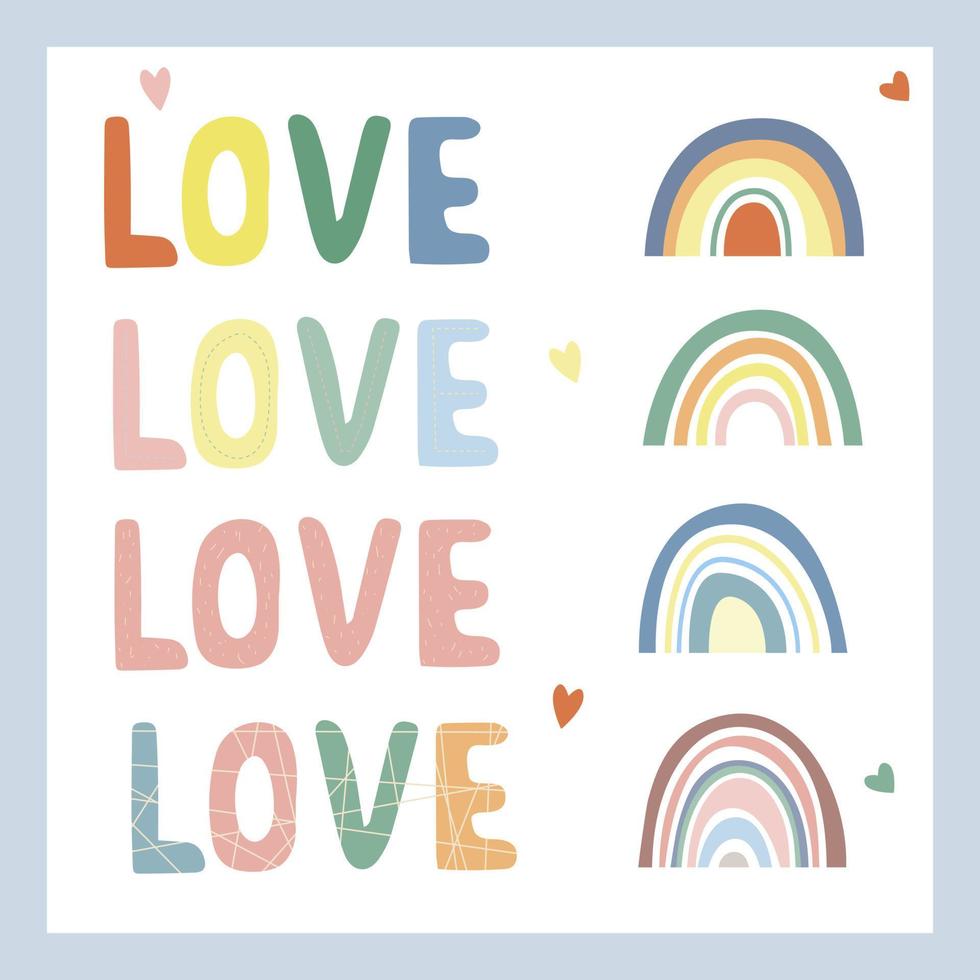 lettere d'amore, elementi di design. disegnato a mano. stile boho arcobaleno e colori pastello vettore