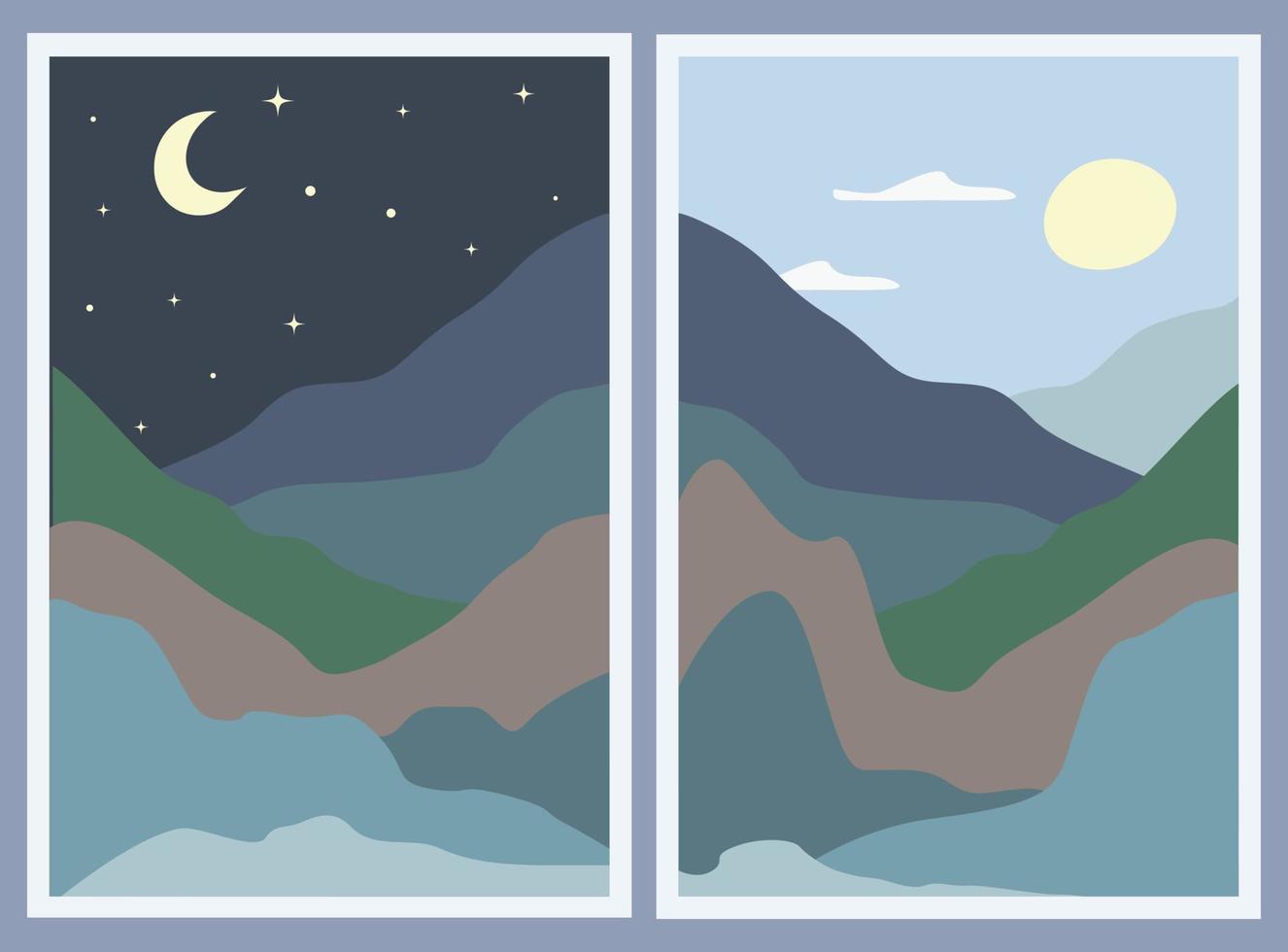 insieme di due paesaggi minimalisti. montagne astratte. sfondo elegante. cambio di giorno e notte, luna e sole nel cielo. vettore