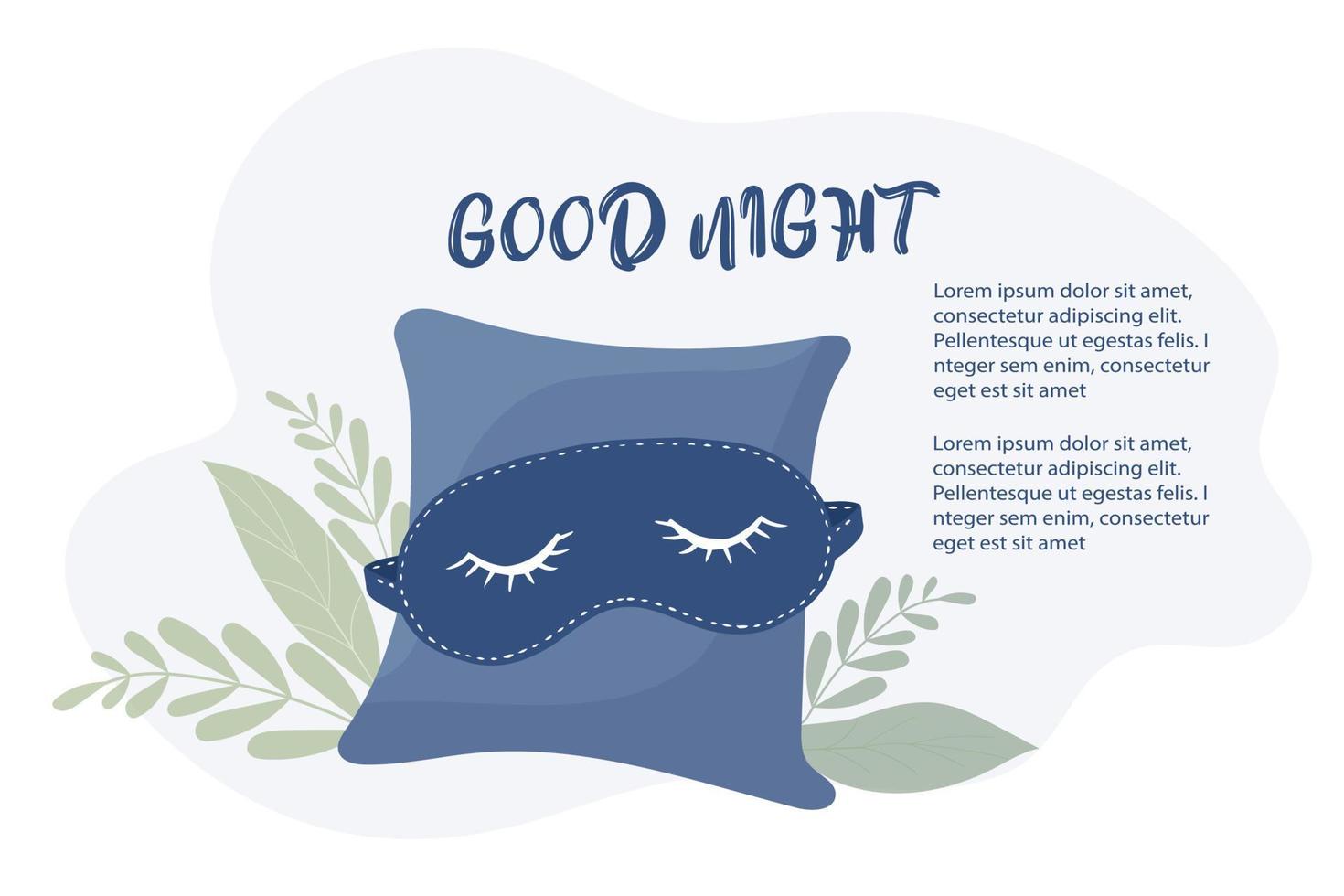 illustrazione con maschera per dormire e morbido cuscino. iscrizione - buona notte. lettering caligrafico disegnato a mano vettore