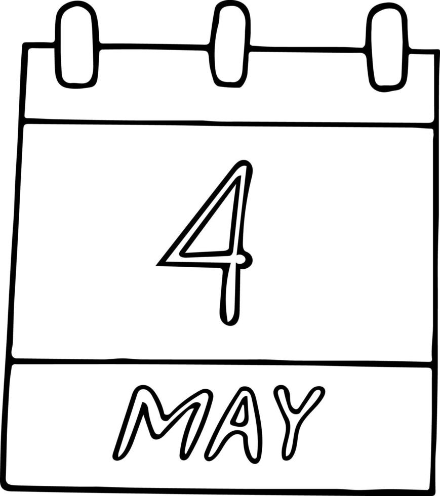 calendario disegnato a mano in stile doodle. 4 maggio. Giornata internazionale dei vigili del fuoco, data. icona, elemento adesivo per il design. pianificazione, vacanza d'affari vettore