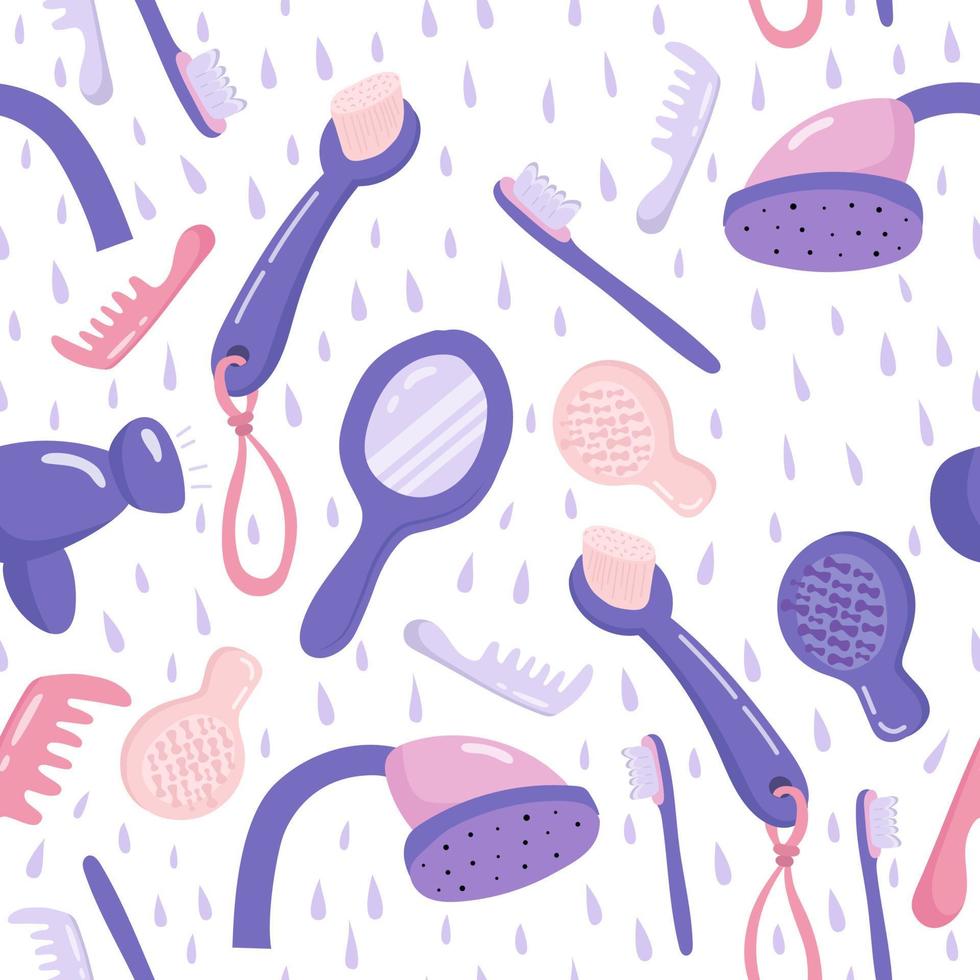 modello senza cuciture di accessori per il bagno. simpatici strumenti per cartoni animati per il lavaggio e la cura di sé: soffione doccia, asciugacapelli, specchio, spazzola, pettine, spazzolino da denti. illustrazione vettoriale piatta.