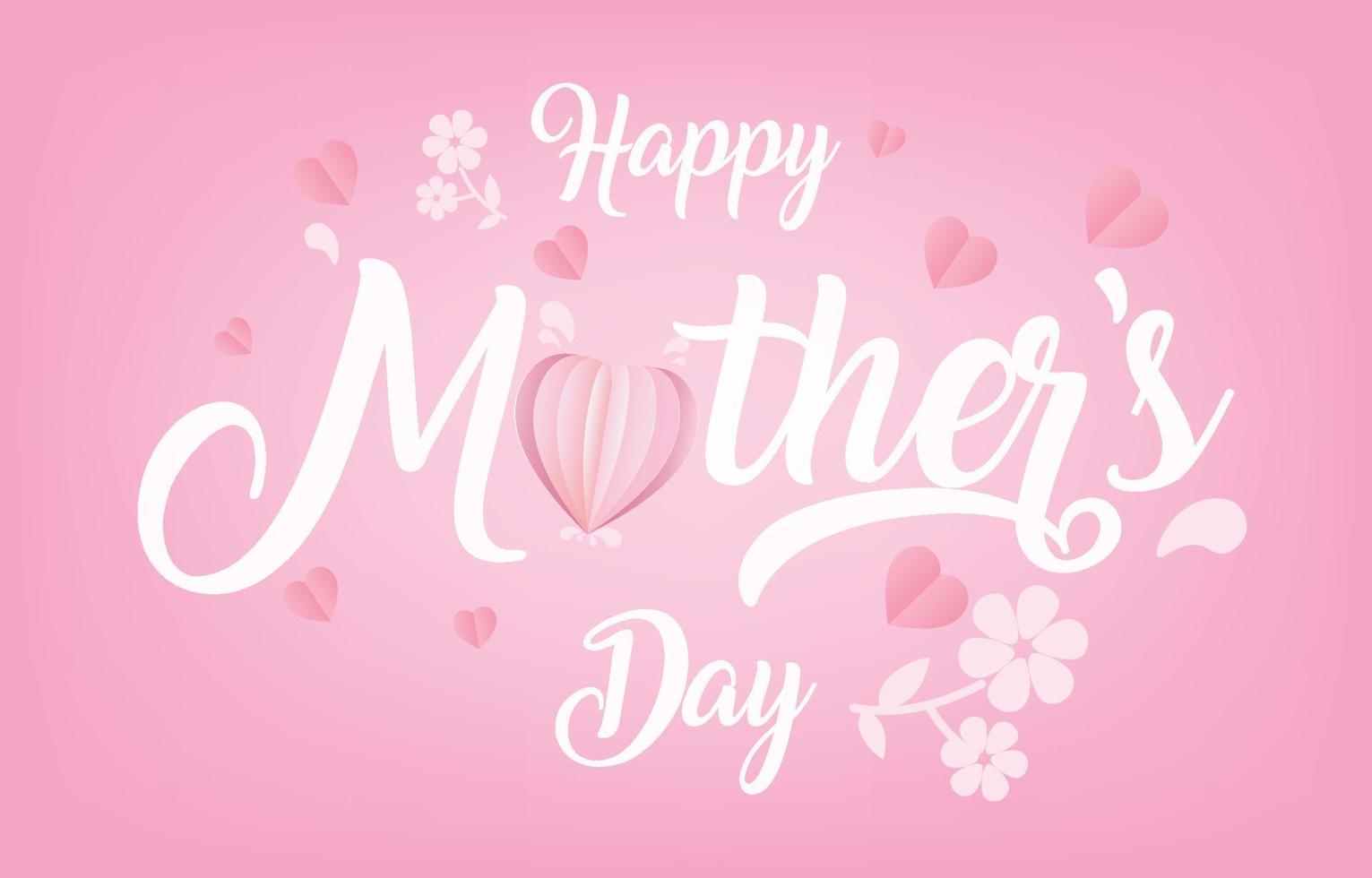 vettore della bandiera della cartolina d'auguri della festa della mamma con cuori volanti 3d rosa papercut.symbol di amore e lettere scritte a mano su sfondo rosa.