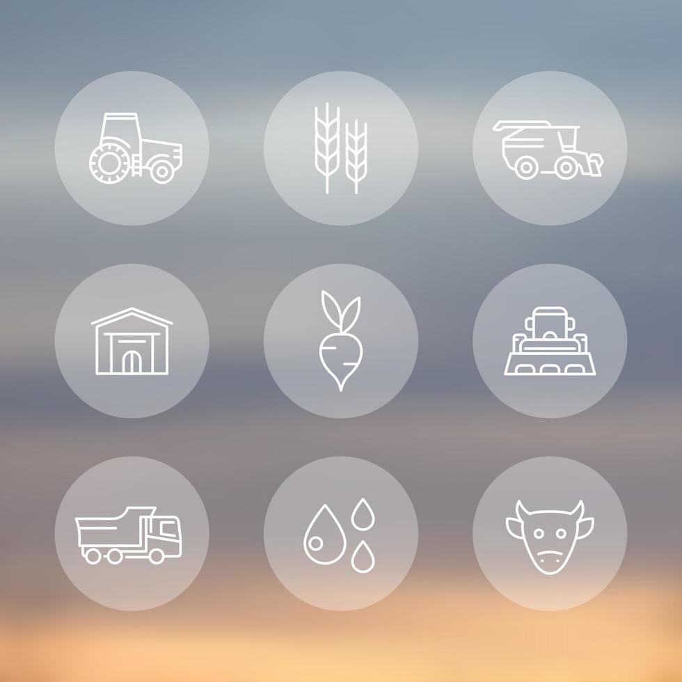 agricoltura, icone della linea agricola, trattore, motore agricolo, raccolto, bovini, set di icone trasparenti per macchine agricole, illustrazione vettoriale