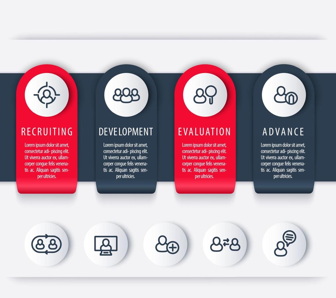 personale, ore, modello di sequenza temporale di sviluppo dei dipendenti, passaggi, elementi di infografica con icone di linea vettore