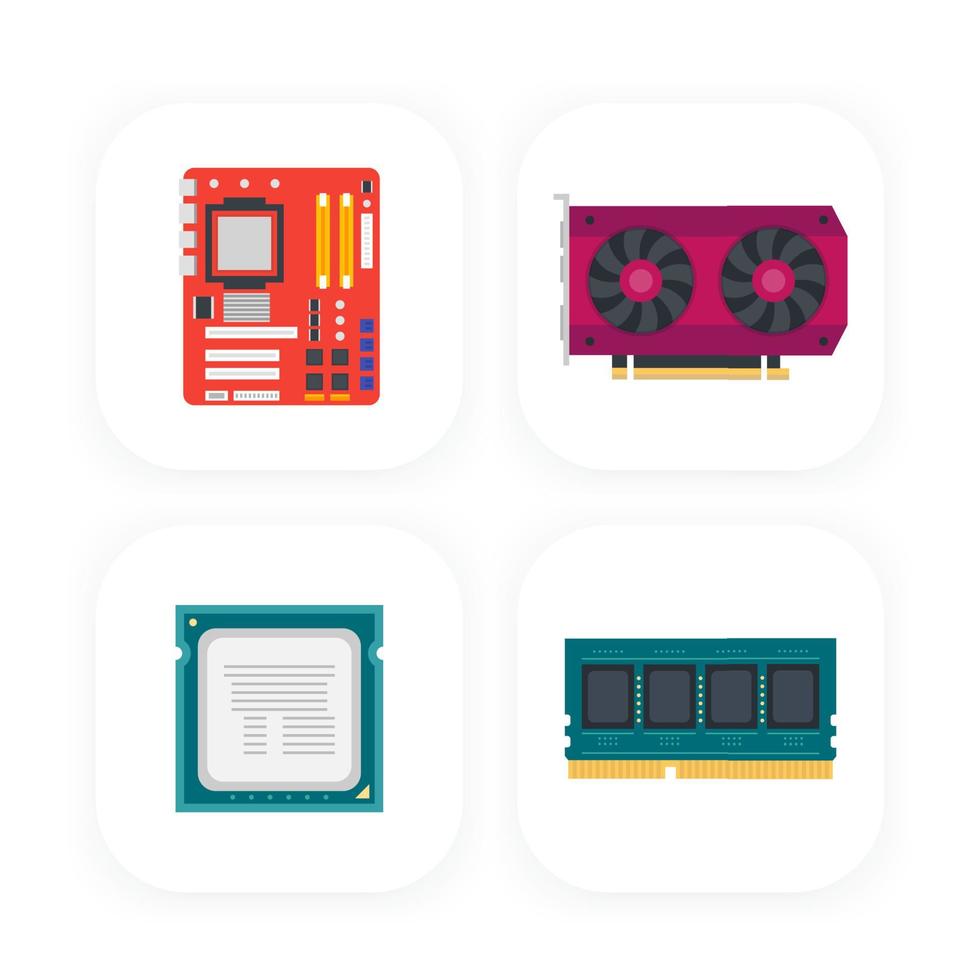 icone dei componenti del computer, scheda madre, scheda video, processore, memoria vettore