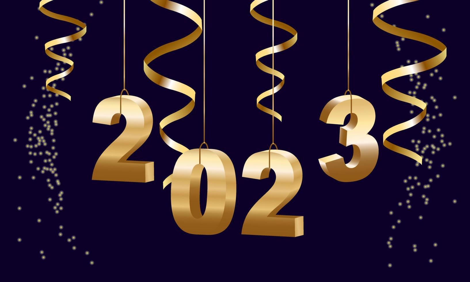 felice anno nuovo 2023. appendere i numeri 3d dorati con nastri e coriandoli su uno sfondo sfocato colorato, bokeh. vettore