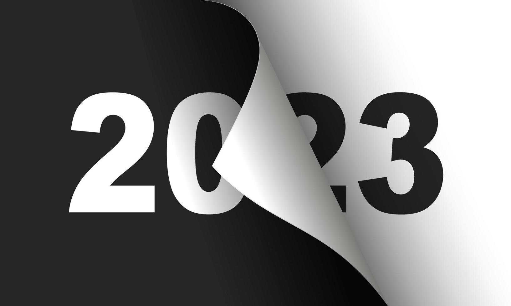 modello di progettazione biglietto di auguri felice anno nuovo 2023. fine 2022 e inizio 2023. il concetto dell'inizio del nuovo anno. la pagina del calendario si gira e inizia il nuovo anno. vettore