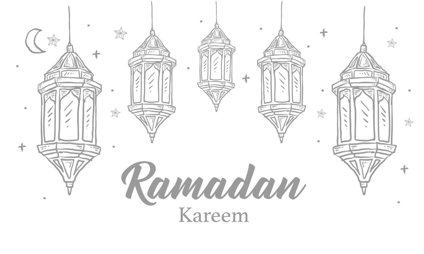 biglietto di auguri ramadan kareem con una linea di ornamento islamico. illustrazione vettoriale vintage disegnata a mano isolata su sfondo bianco.