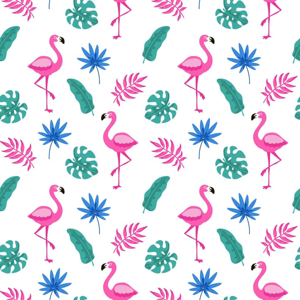 modello tropicale senza cuciture disegnato a mano con palma, foglie di mostro e fenicottero rosa su sfondo bianco. illustrazione vettoriale