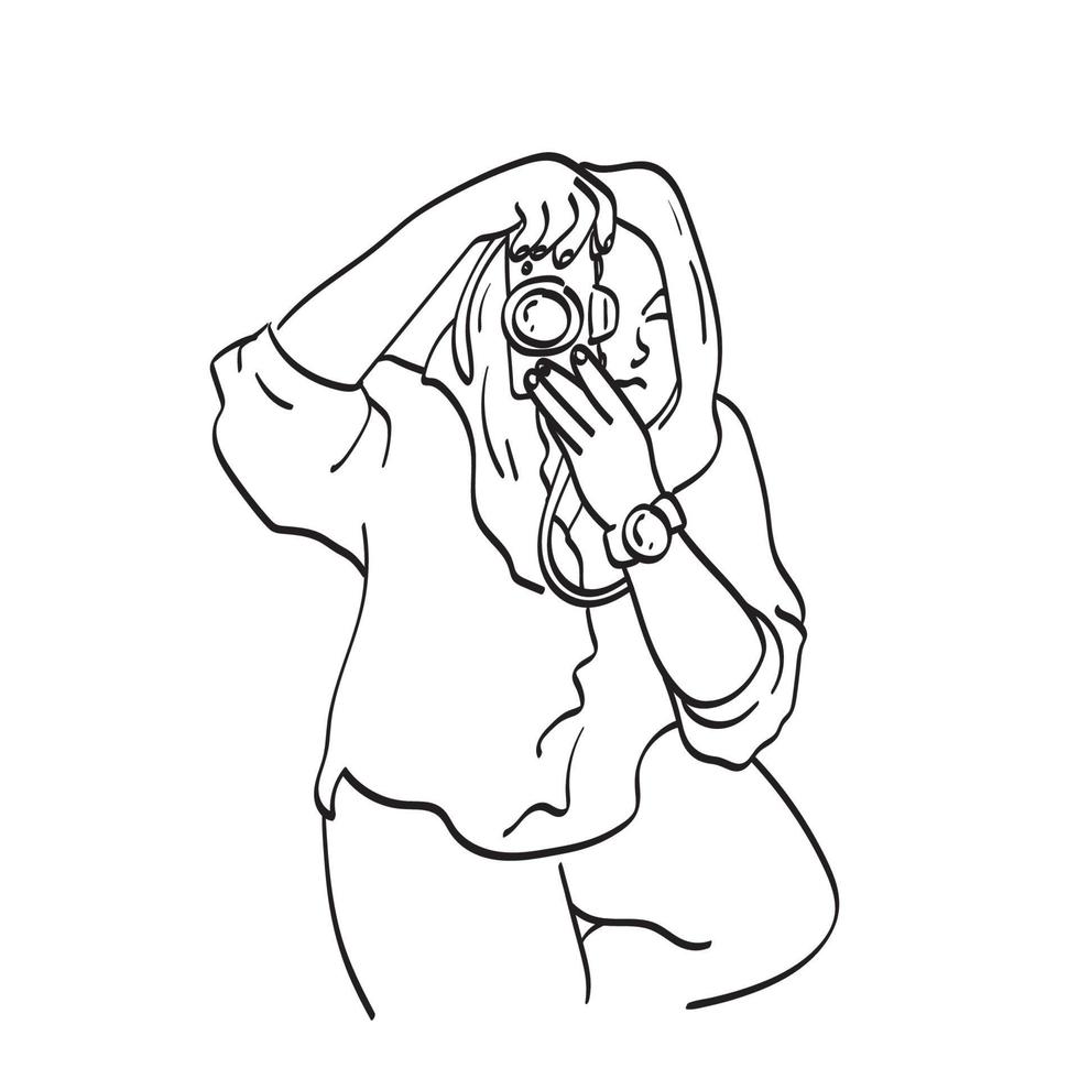 donna che riprende con l'illustrazione della fotocamera compatta vettore disegnato a mano isolato su sfondo bianco line art.