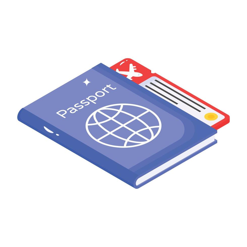 icona isometrica di passaporto, carta di viaggio e documenti vettore