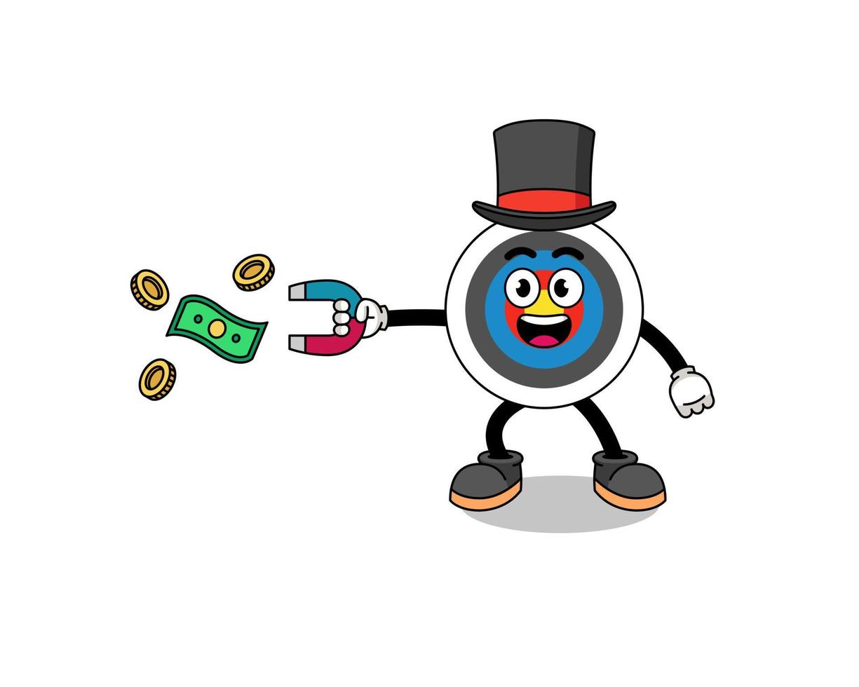 illustrazione del personaggio del bersaglio di tiro con l'arco che cattura denaro con un magnete vettore