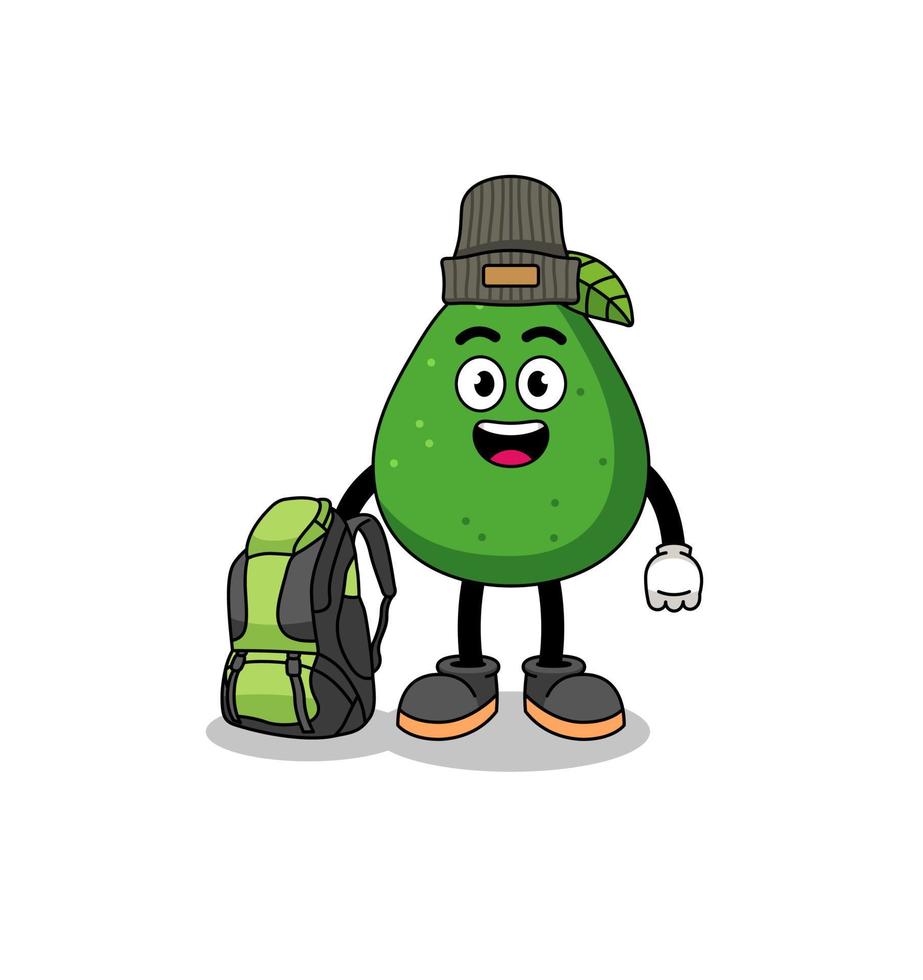 illustrazione della mascotte del frutto di avocado come escursionista vettore