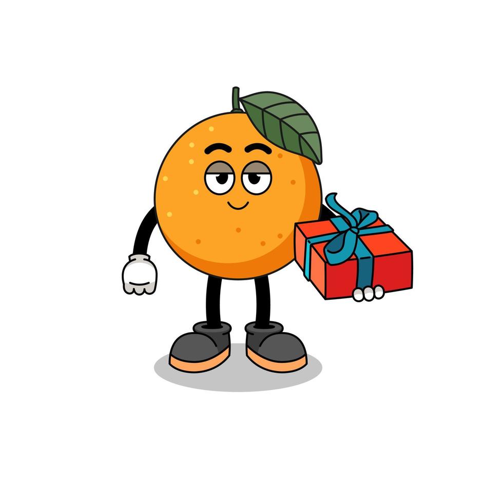 illustrazione della mascotte della frutta arancione che fa un regalo vettore