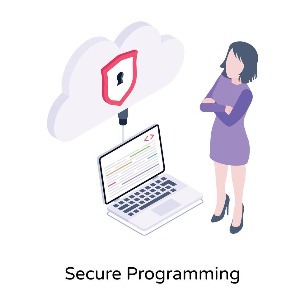 cloud connesso al laptop, icona isometrica di programmazione sicura vettore