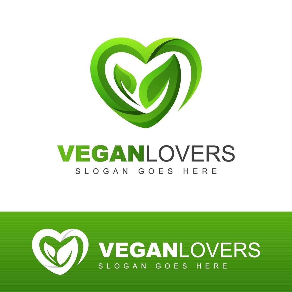 logo moderno degli amanti dei vegani. foglie o foglie con amore, modello vettoriale di design del logo per la cura della natura