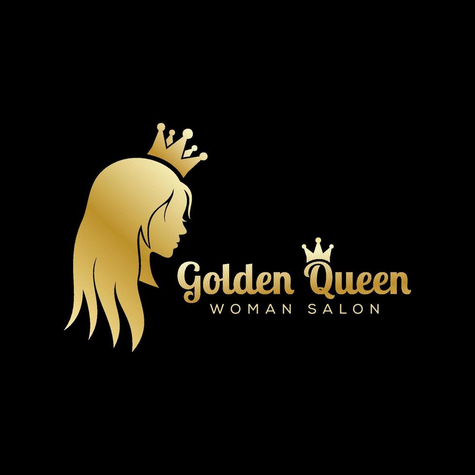 logo della regina d'oro, logo del salone di bellezza di lusso, design del logo dei capelli lunghi vettore