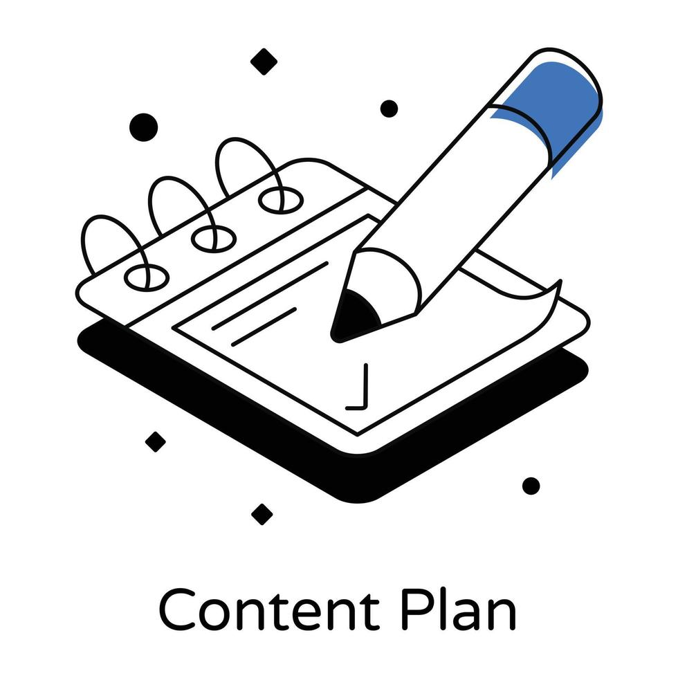 matita con calendario, icona isometrica del piano dei contenuti vettore