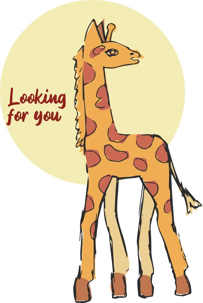 un poster con un simpatico animaletto. giraffa stilizzata con collo lungo. iscrizione - ti cerco vettore