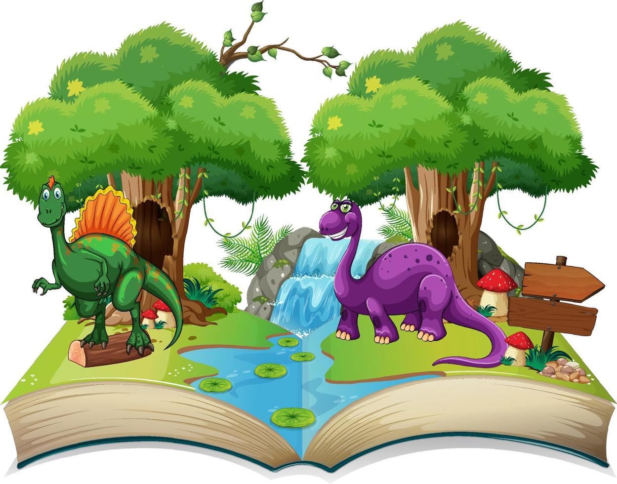 libro aperto con vari cartoni animati di dinosauri vettore