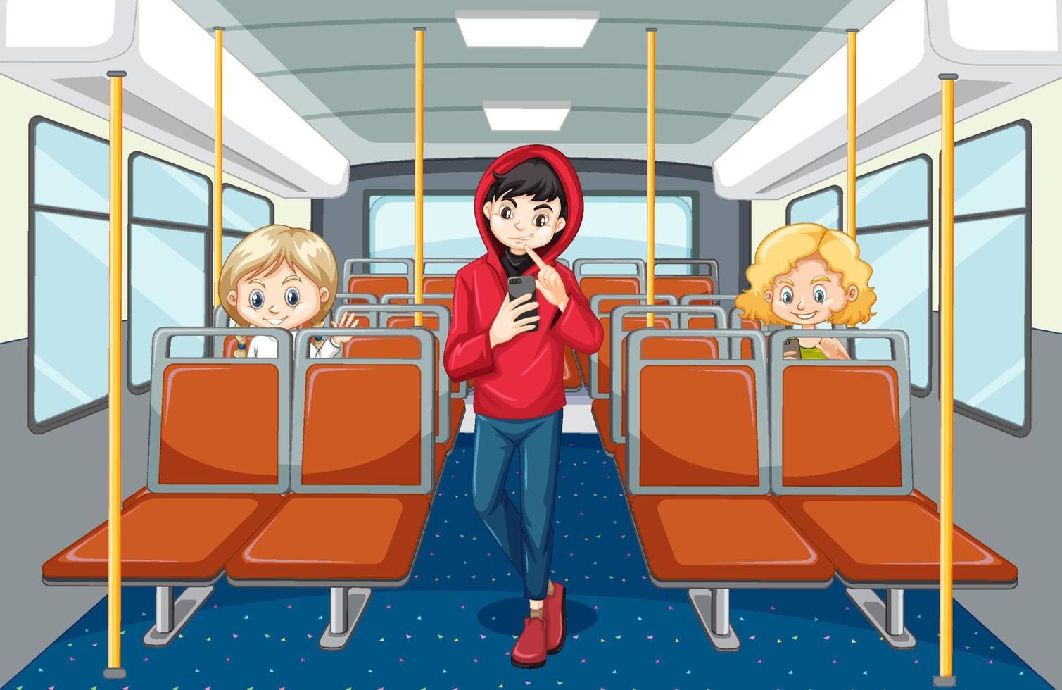 interno dell'autobus con personaggi dei cartoni animati di passeggeri vettore
