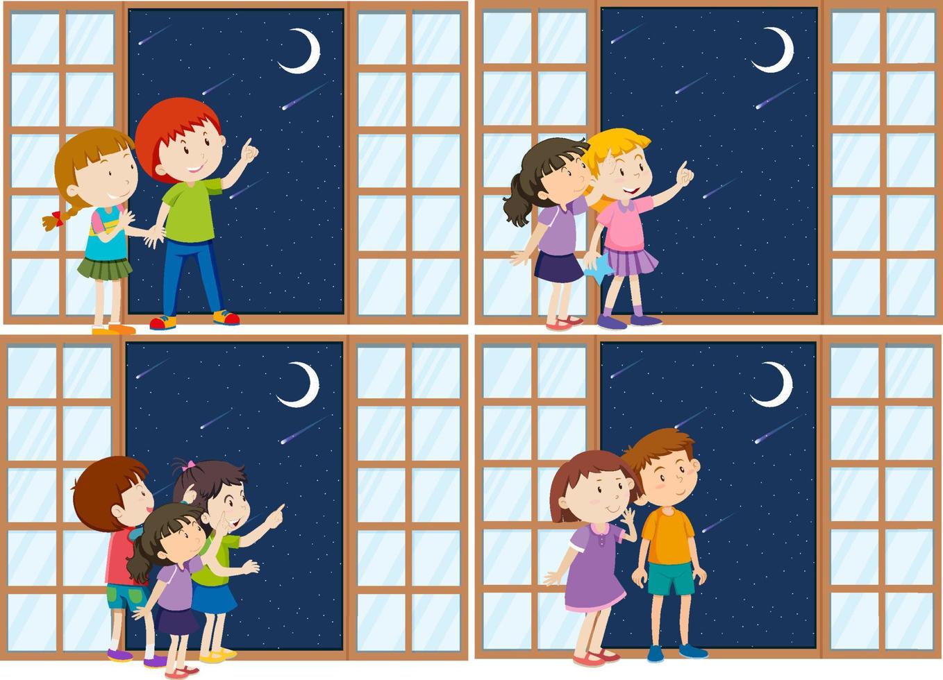 set di bambini diversi che puntano il dito verso la luna vettore