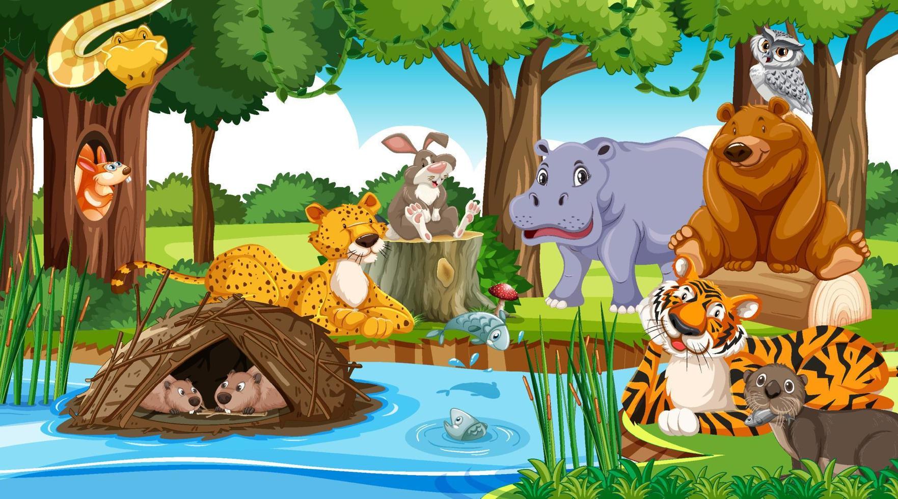 personaggi dei cartoni animati di animali selvatici nella scena della foresta vettore