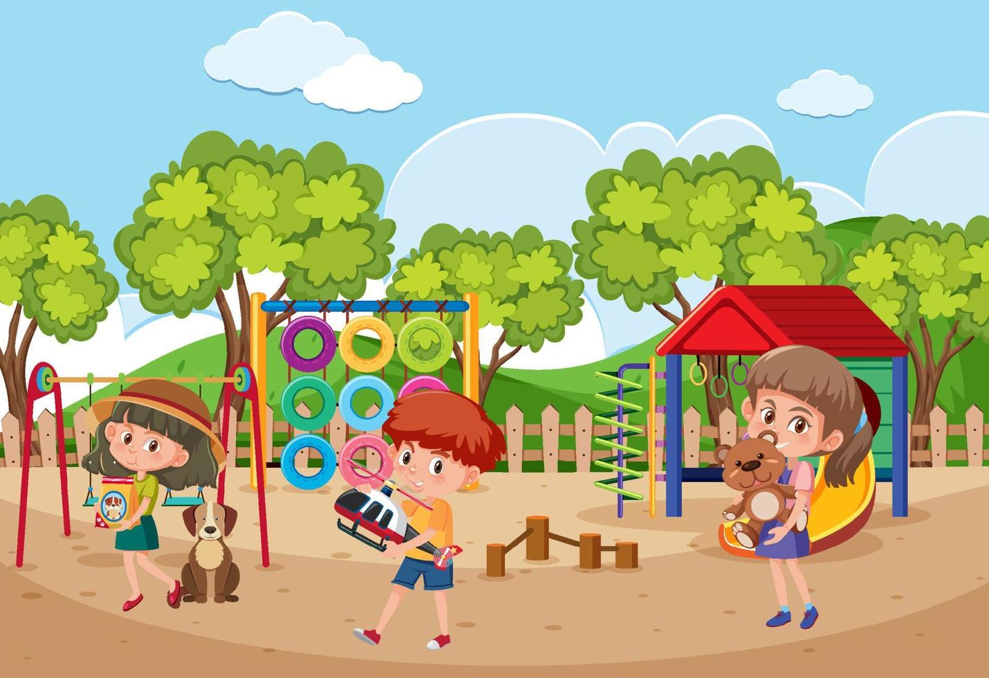 scena del parco giochi con cartoni animati per bambini vettore