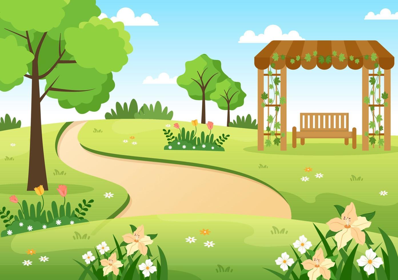 bellissimo giardino cartone animato sfondo illustrazione con una natura paesaggistica di piante, fiori, alberi ed erba verde in stile design piatto vettore