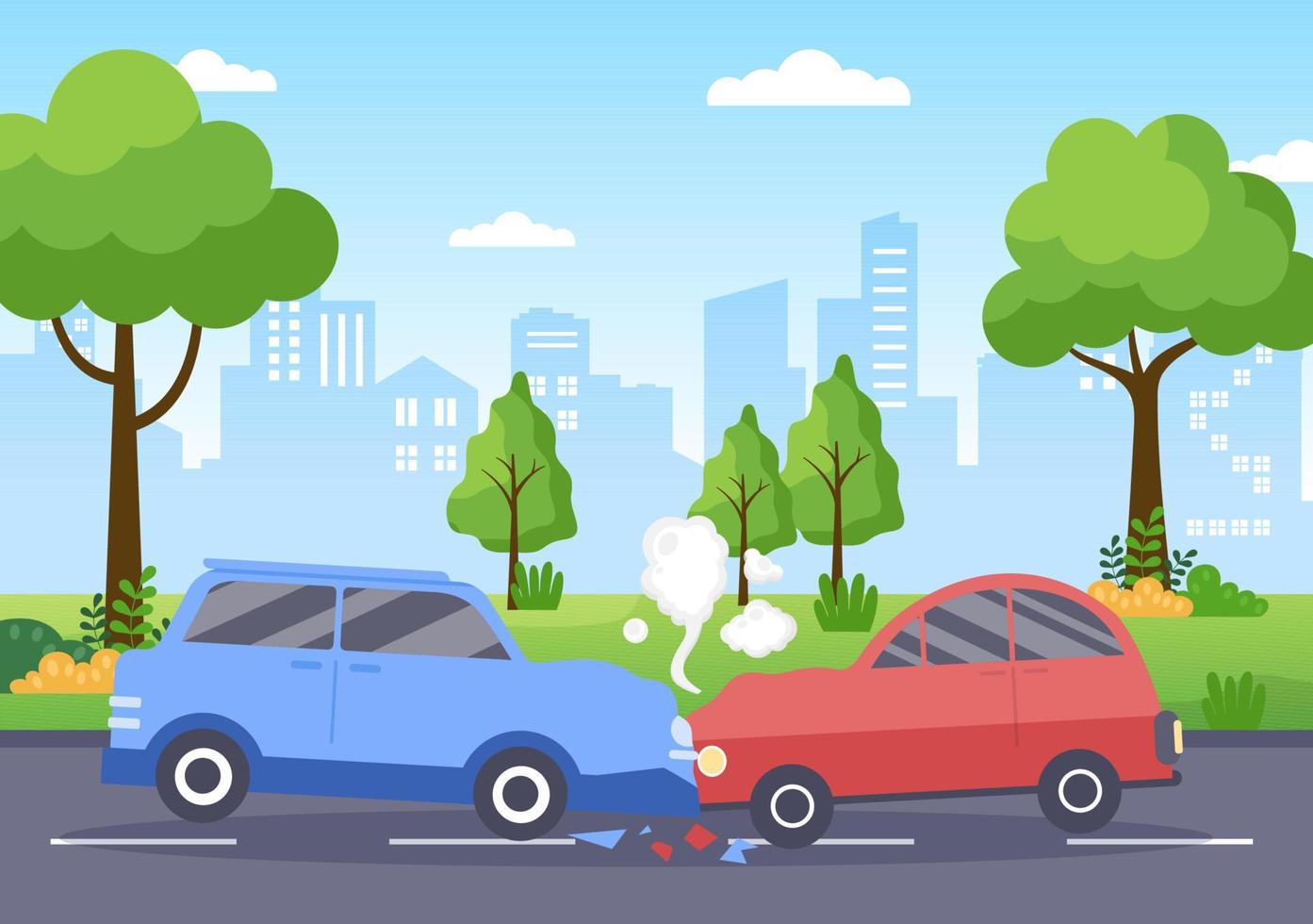 illustrazione di sfondo di un incidente d'auto con due auto che si scontrano o colpiscono qualcosa sulla strada causando danni in stile piatto vettore