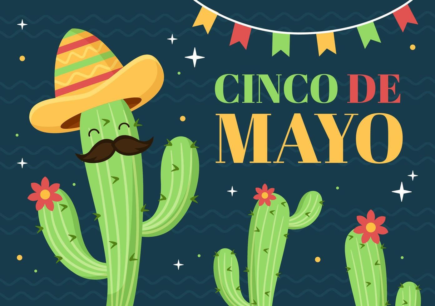 cinco de mayo festa messicana celebrazione in stile cartone animato illustrazione con cactus, chitarra, sombrero e bere tequila per poster o biglietto di auguri vettore