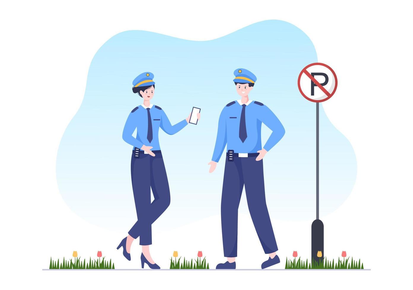 illustrazione vettoriale del personaggio dell'ufficiale di polizia utilizzando l'uniforme con attrezzatura in stile cartone animato piatto