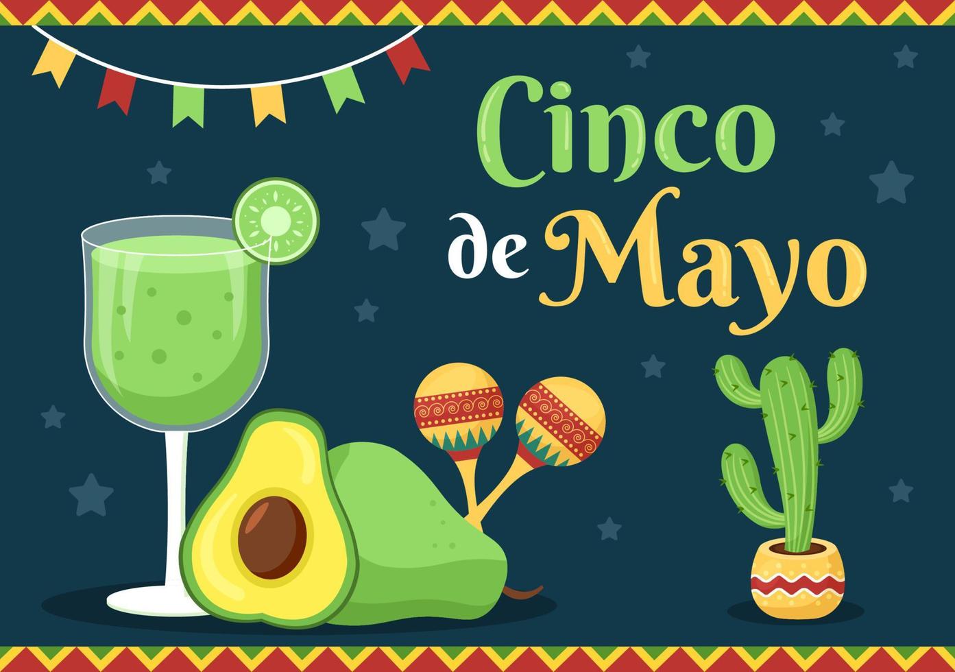 cinco de mayo festa messicana celebrazione in stile cartone animato illustrazione con cactus, chitarra, sombrero e bere tequila per poster o biglietto di auguri vettore
