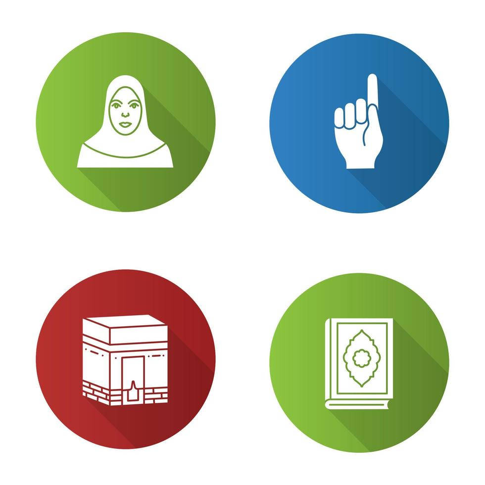 icona del glifo con ombra lunga design piatto cultura islamica. donna musulmana, gesto di dio, kaaba, libro del corano. illustrazione vettoriale silhouette