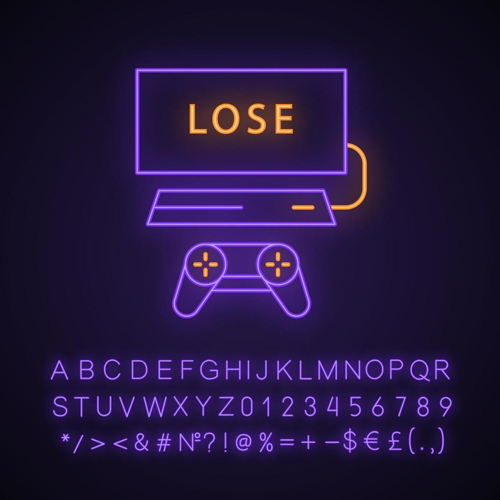 icona della luce al neon del gioco perdente. game Over. gameplay di eSport. sessione di gioco terminata. segno luminoso con alfabeto, numeri e simboli. illustrazione vettoriale isolato