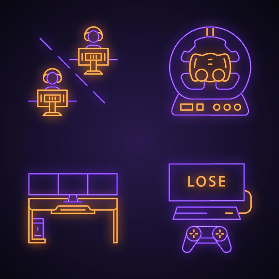 set di icone di luci al neon per eSport. ambiente di gioco. videogioco multigiocatore. volante per pc. scrivania del giocatore. partita perdente. segni luminosi. illustrazioni vettoriali isolate