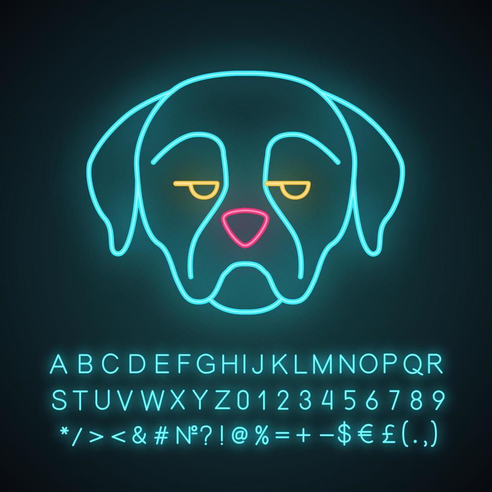 rottweiler simpatico personaggio di luce al neon kawaii. cane con il muso indifferente. animale con gli occhi che guardano di lato. emoji divertenti, emoticon. icona luminosa, alfabeto, numeri, simboli. illustrazione vettoriale isolato