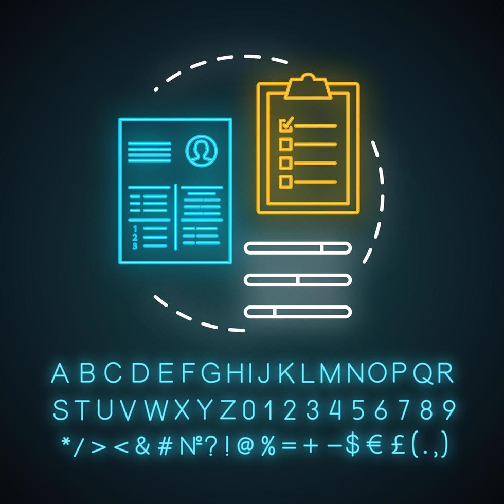 icona del concetto di luce al neon delle competenze specifiche del lavoro. reclutamento aziendale, assunzione. colloquio di lavoro. segno luminoso con alfabeto, numeri e simboli. i dipendenti dell'elenco delle abilità difficili riprendono l'illustrazione isolata del vettore